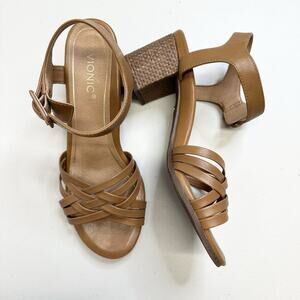 Vionic Heels Peony Nat Sandals Woven Leather Open Toe Papaya Brown 7.5